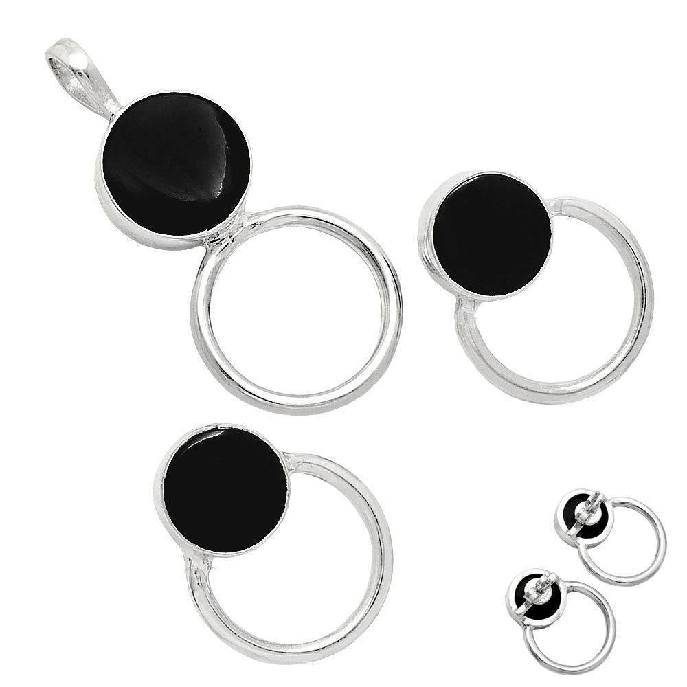Natural Gemstone Circle Pendant Earrings Jewelry Set 925 Sterling Silver AGT1001 T-1012