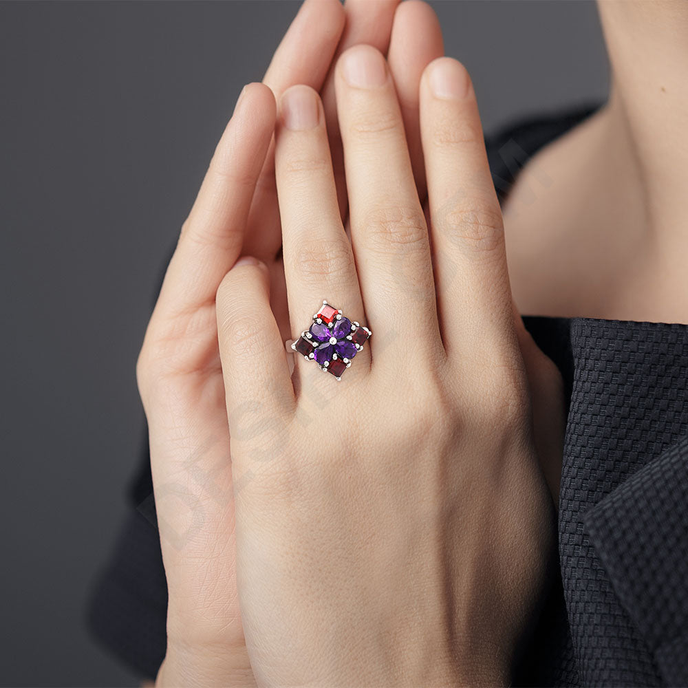 Floral Natural Multi Gemstone Ring 925 Sterling Silver Handmade Jewelry DGR1137 R-1021