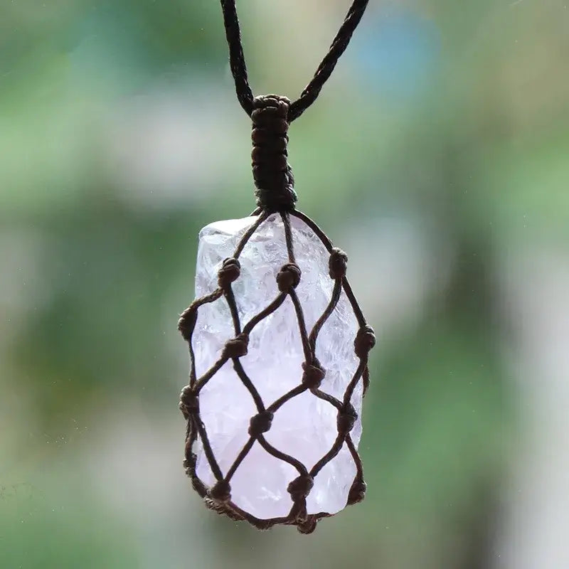 Natural Stone Mesh Pocket Necklace – Crystal Agate Handmade Adjustable Pendant Jewelry
