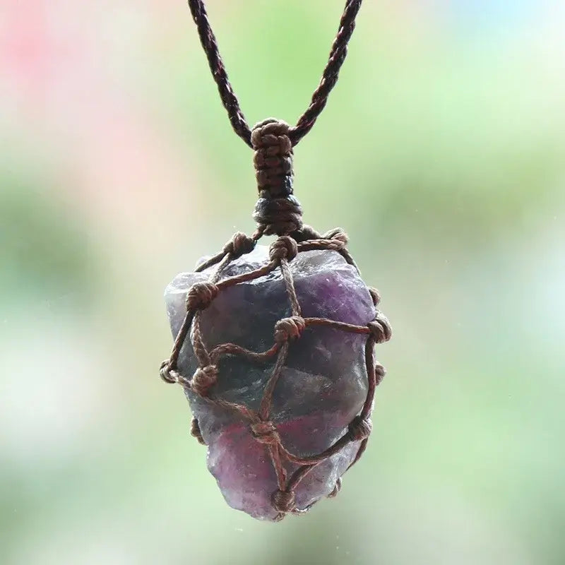 Natural Stone Mesh Pocket Necklace – Crystal Agate Handmade Adjustable Pendant Jewelry