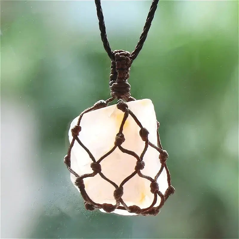 Natural Stone Mesh Pocket Necklace – Crystal Agate Handmade Adjustable Pendant Jewelry