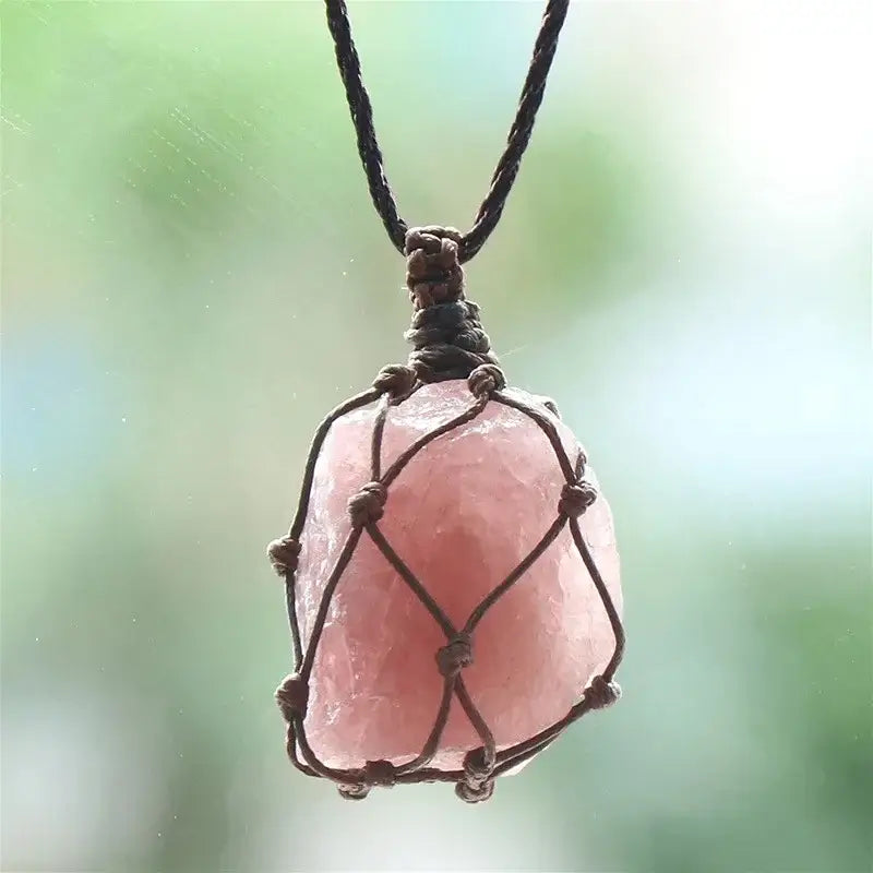 Natural Stone Mesh Pocket Necklace – Crystal Agate Handmade Adjustable Pendant Jewelry
