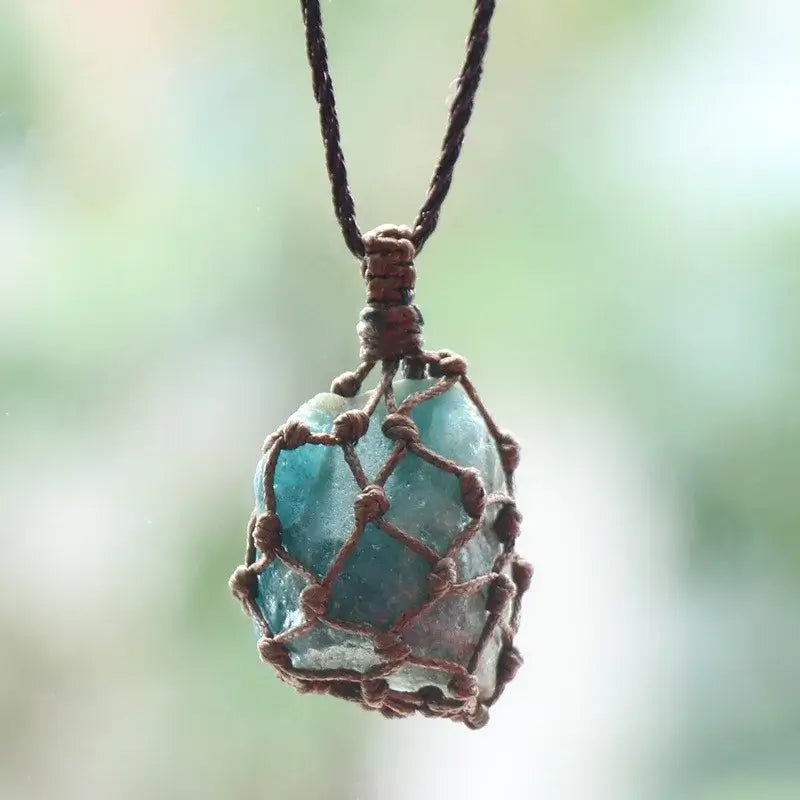 Natural Stone Mesh Pocket Necklace – Crystal Agate Handmade Adjustable Pendant Jewelry