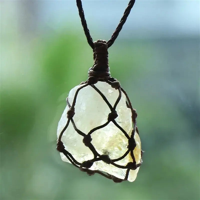 Natural Stone Mesh Pocket Necklace – Crystal Agate Handmade Adjustable Pendant Jewelry