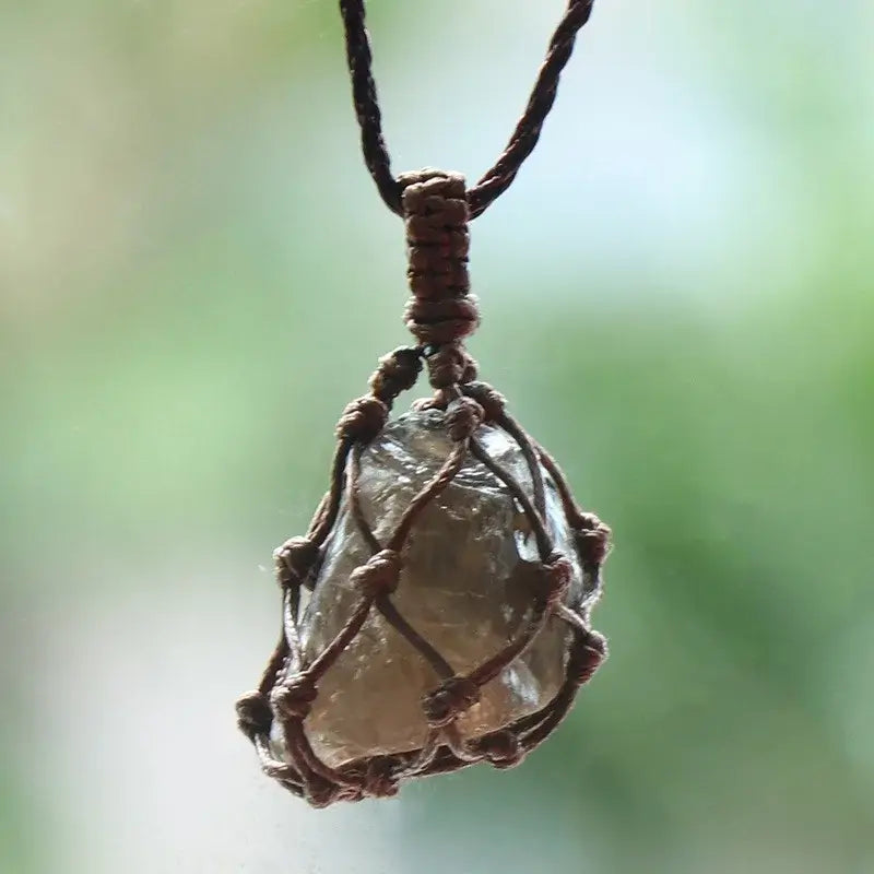 Natural Stone Mesh Pocket Necklace – Crystal Agate Handmade Adjustable Pendant Jewelry