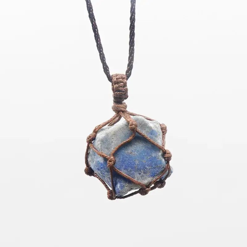 Natural Stone Mesh Pocket Necklace – Crystal Agate Handmade Adjustable Pendant Jewelry