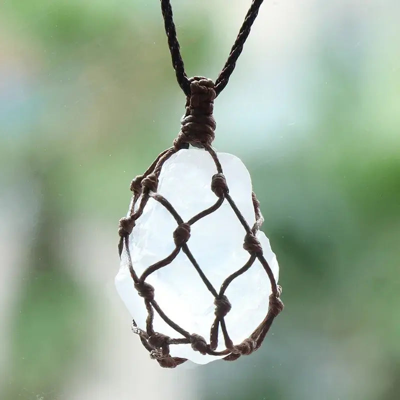 Natural Stone Mesh Pocket Necklace – Crystal Agate Handmade Adjustable Pendant Jewelry