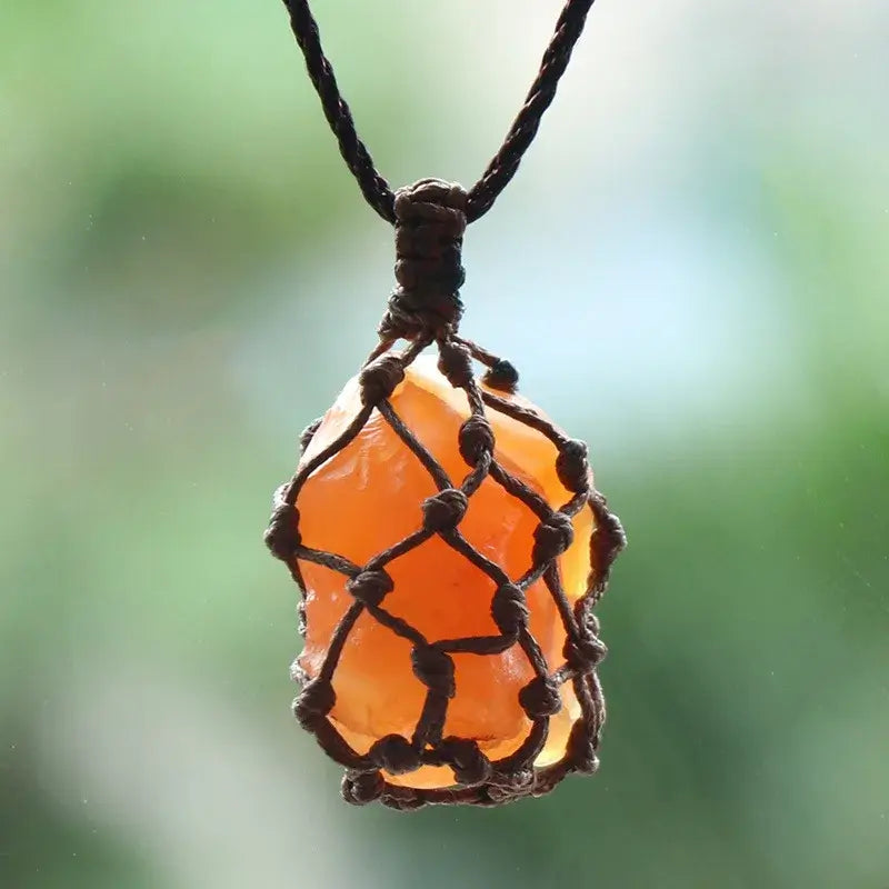 Natural Stone Mesh Pocket Necklace – Crystal Agate Handmade Adjustable Pendant Jewelry