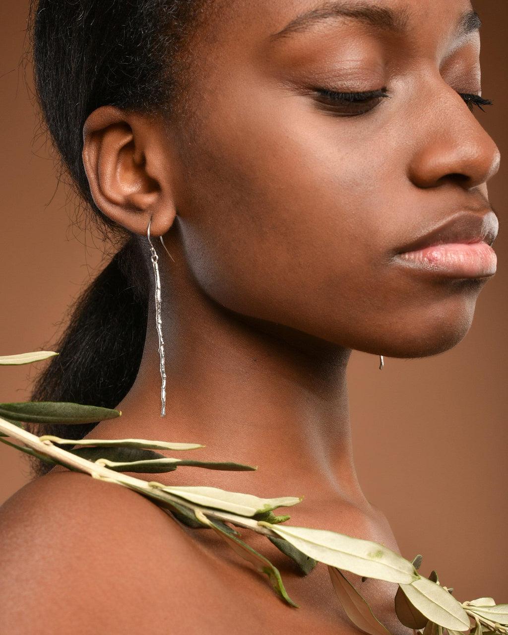 Olive Branch Earrings: Handmade Sterling Silver (Long, Thin Design)
